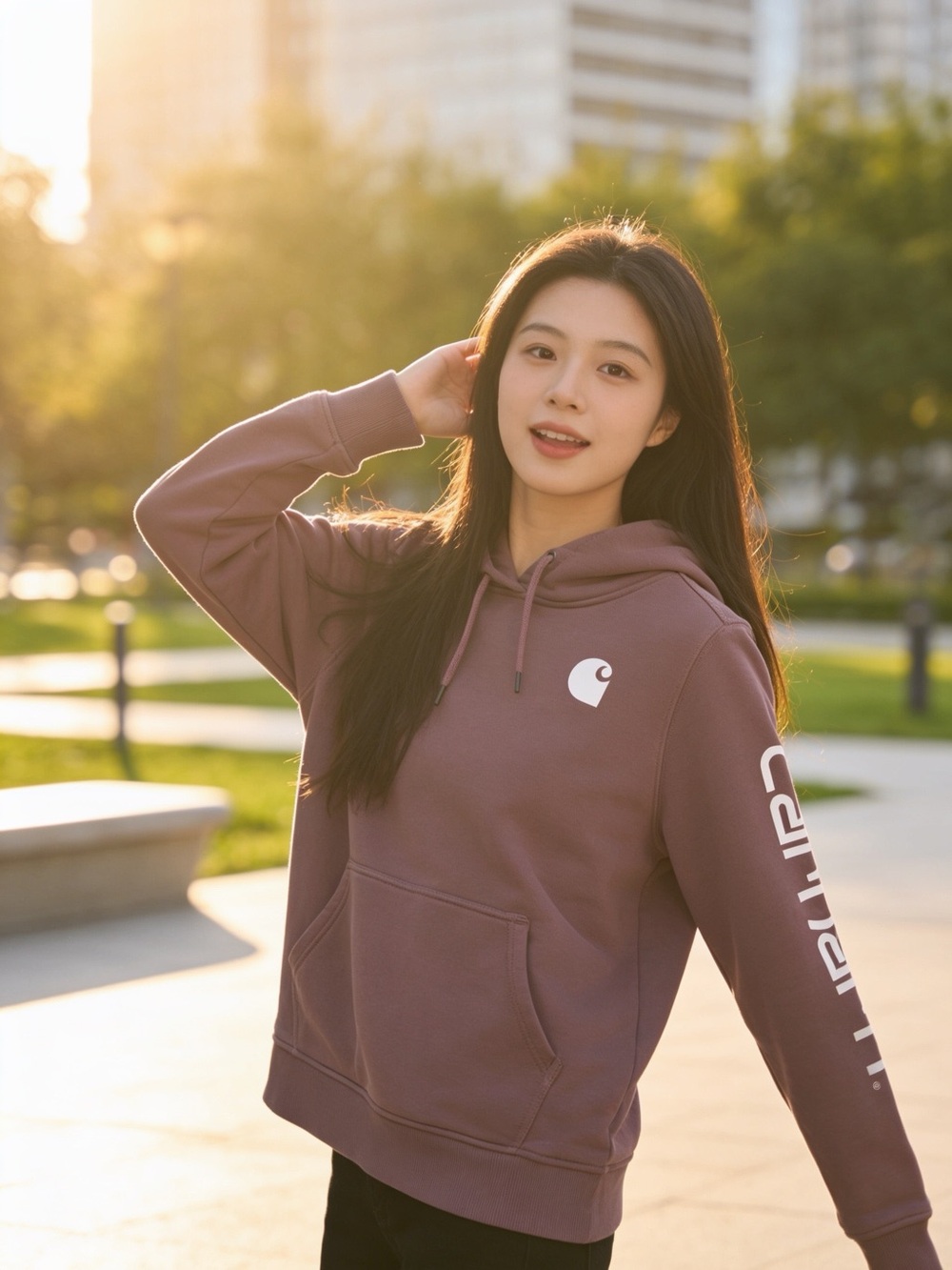 Carhartt WIP Mauve Pullover Hoodie with Logo Sleeve